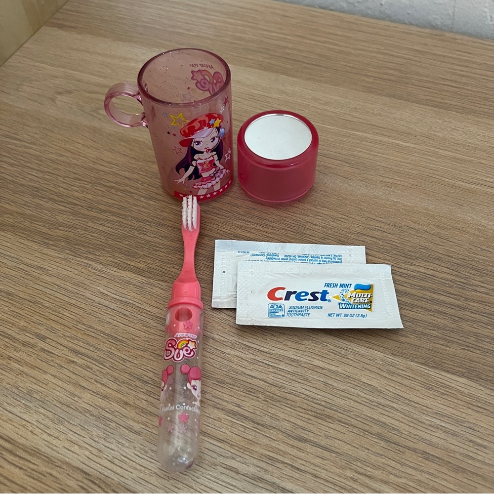 Morning Glory Sue Travel Toothbrush Toiletry Set Kit Pink Toothbrush Cup Mirror